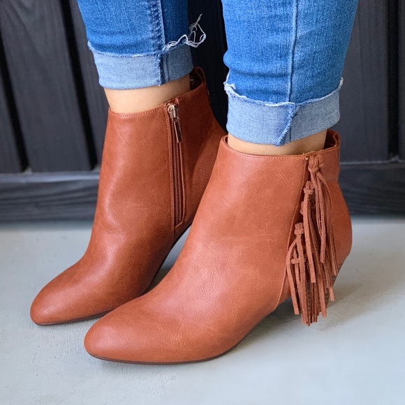 Cognac Pointed Toe Boho Fringe Ankle Booties - Picture 2 of 4